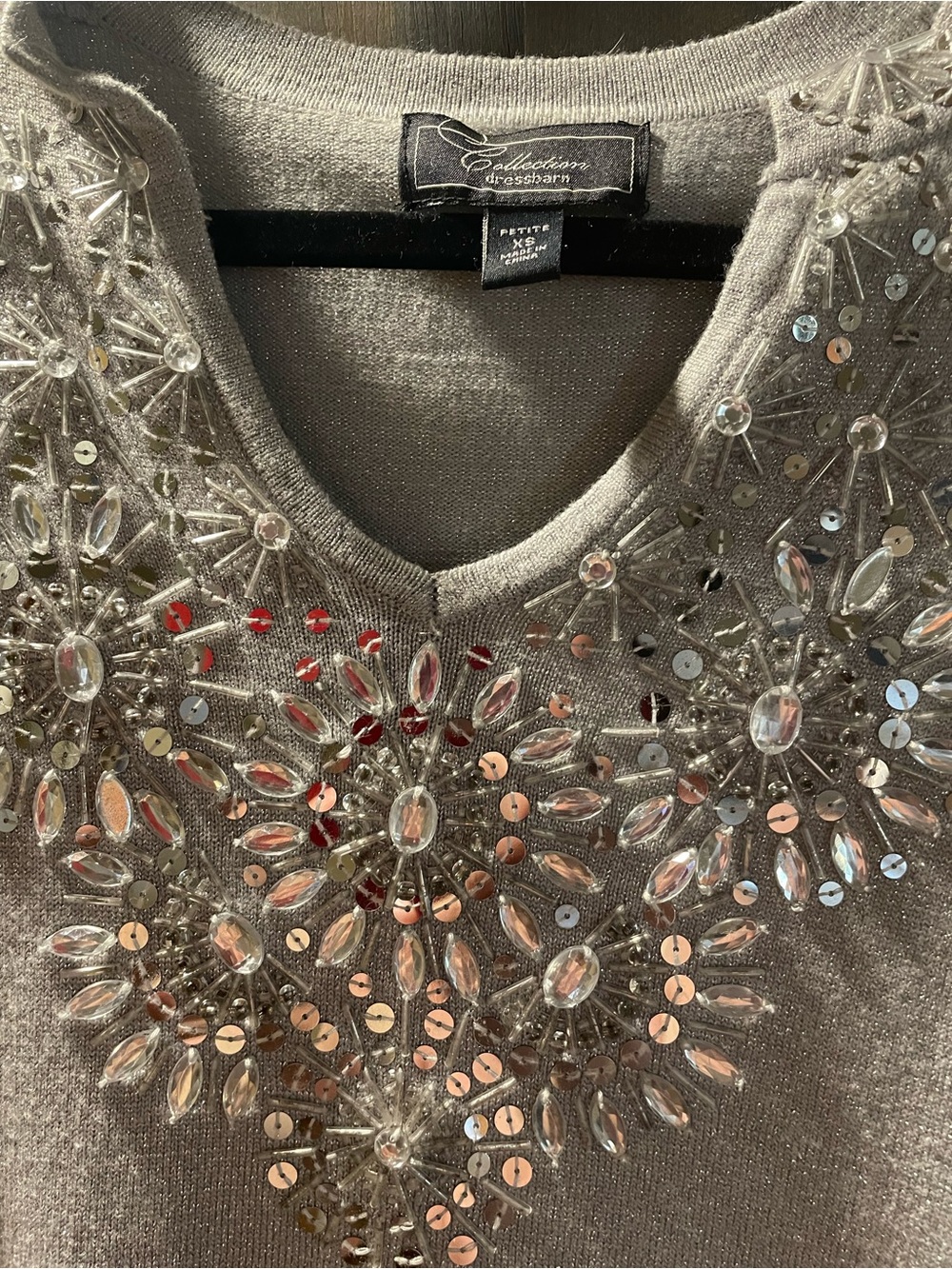 Embellished Silver V-Neck Long Sleeve Women's Top